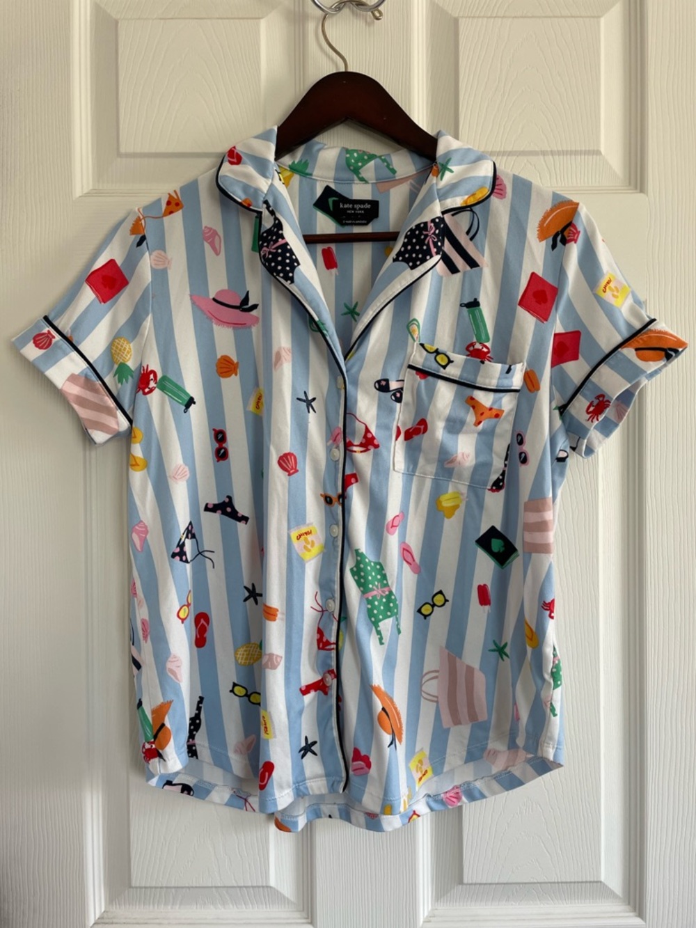 Kate Spade Novelty Print Button Down Pajama Shirt Colorful Graphic Euro Summer